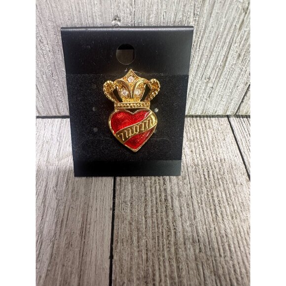 Vintage Mom Heart Golden Crown Lapel Brooch Pin with Gemstones Mother's Day - Picture 1 of 5